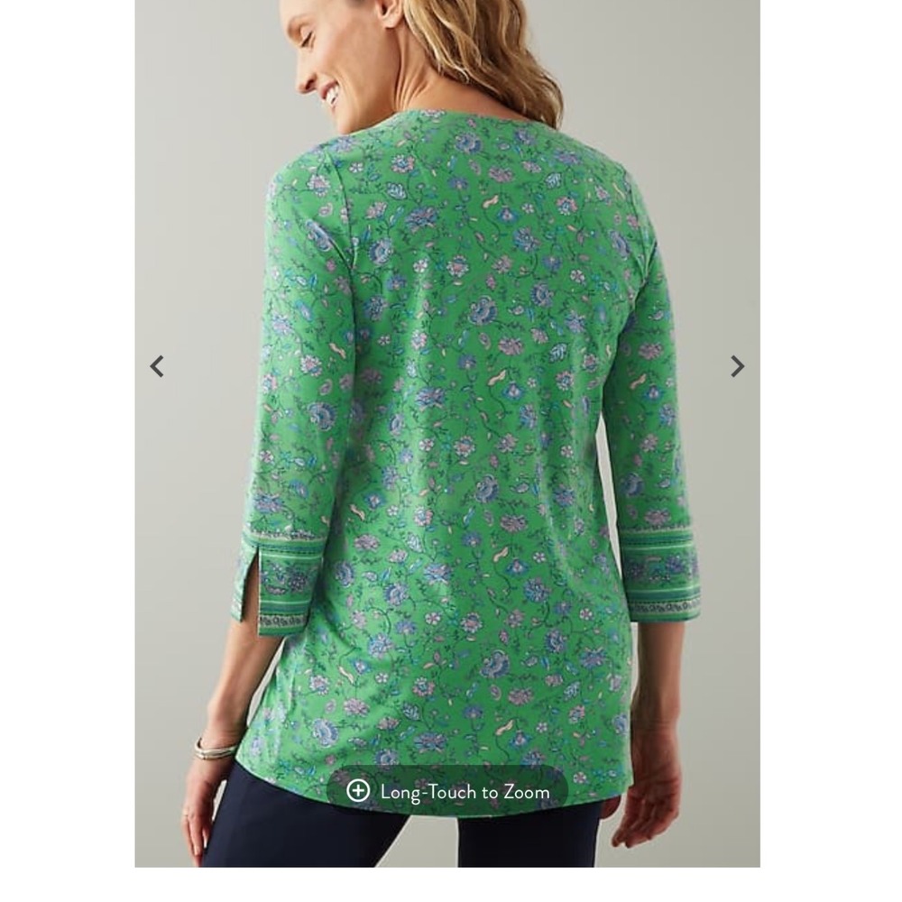 NB1 J Jill Wearever Green Tunic Leaf Womens Medium Split Neck Top Shirt Blouse - Picture 7 of 7